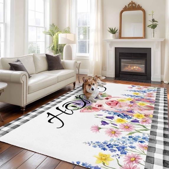 Floral Pig Large Area Rugs 8x10 ft Watercolor Country Pig Flowers Black Plaid Border Washable Rug Non Slip Indoor Carpet Absorbent Floor Mat for Living Room Bedroom Dining Room