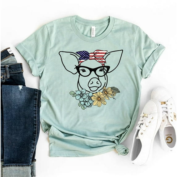 Floral Pig T-shirt Farm Shirt Country Gift Christmas Tee Cute Animal Top Wearing Crown Shirts Happy Piglet Lover T-Shirt Mom Women's