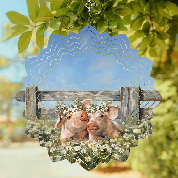 Floral Pigs Wind Spinner for Garden Yard 8In, Retro Oil Painting Farmhouse Daisy Pig Blue Sky 3D Stainless Steel Kinetic Hanging Wind Spinners Rustproof Outdoor Decor for Lawn Patio Home