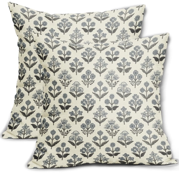 Floral Pillow Covers, 18*18 Inch Outdoor Blue Green Block Print Spring Decorative Throw Pillow Cases Boho Cushion Covers Farmhouse Sofa Couch Bed Decor A 2PC