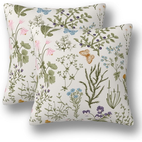 Floral Pillow Covers 18 x 18 Set of 2 Botanical Plant Decorative Throw Pillow Cover Spring Flower Linen Outdoor Pillowcases Farmhouse Home Decor for Couch Bed Sofa, -P0424-PC004, Green
