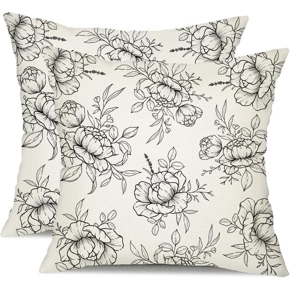 Floral Pillow Covers 18x18 Inch Set of 2 Black line Flower Decorative White Throw Pillows Farmhouse Pillow case Decor for Outdoor Couch Chair Home Couch 66
