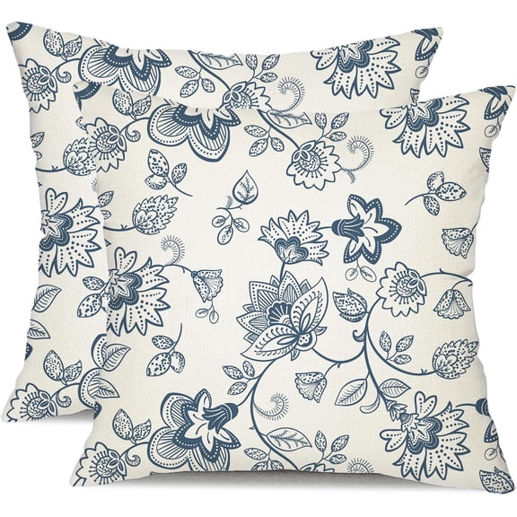 Floral Pillow Covers 18x18 Inch Set of 2 Blue line Flower Decorative White Throw Pillows Farmhouse Pillowcase Decor for Outdoor Couch Chair Home Couch 66