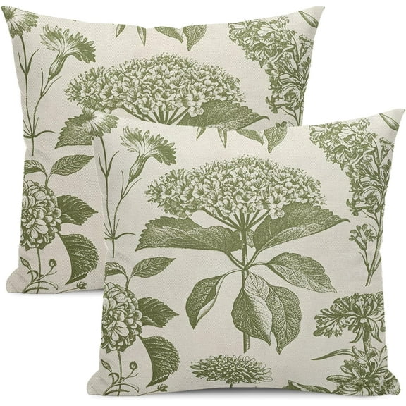 Floral Pillow Covers 18x18 Set of 2 Vintage Sage Green Hydrangea Herbs Botanical Throw Pillow Cover Outdoor Decoration Boho Flower Pillowcase Farmhouse Decorative Cushion Case for Home Sofa