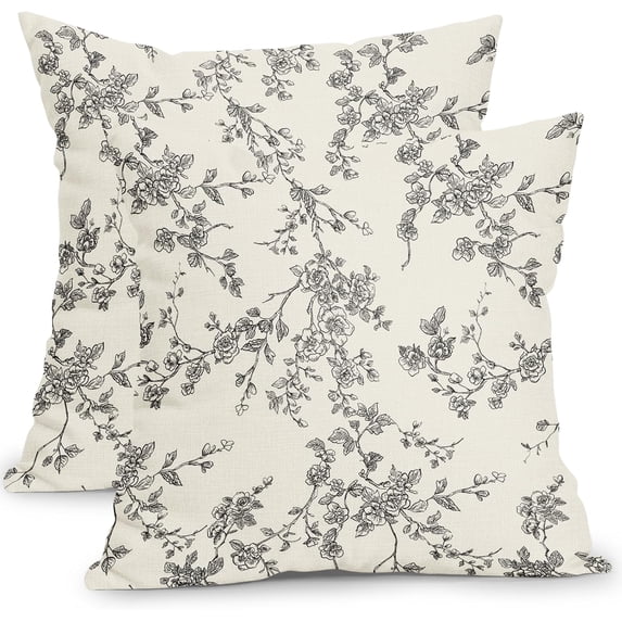 Floral Pillow Covers 20x20 Inch Black and Cream Outdoor Decorative Throw Pillows Set of 2 Vintage Floral Pillowcase Chinoiserie Flower Pillow Cases for Sofa Couch Home Decor