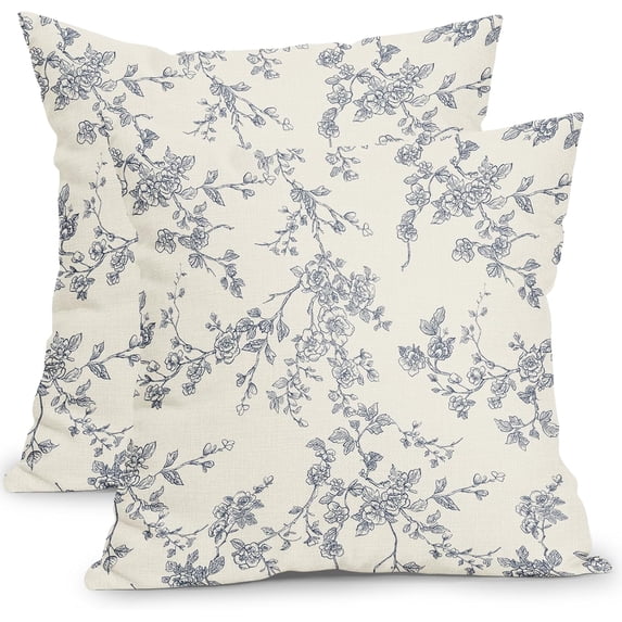 Floral Pillow Covers 20x20 Inch Blue and Cream Outdoor Decorative Throw Pillows Set of 2 Vintage Floral Pillowcase Chinoiserie Flower Pillow Cases for Sofa Couch Home Decor