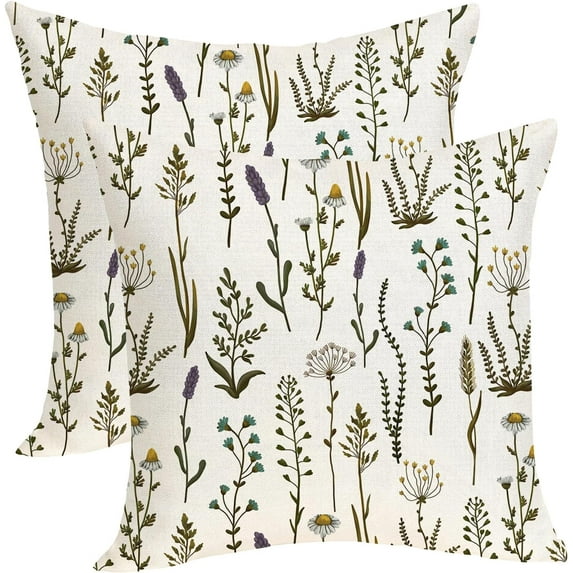 Floral Pillow Covers 20x20 Pack of 2 Botanical Herbs Wildflower Floral Plant Throw Pillow Cover Outdoor Decoration,Spring Summer Rustic Pillowcase Decorative Linen Cushion Case for Couch Sofa