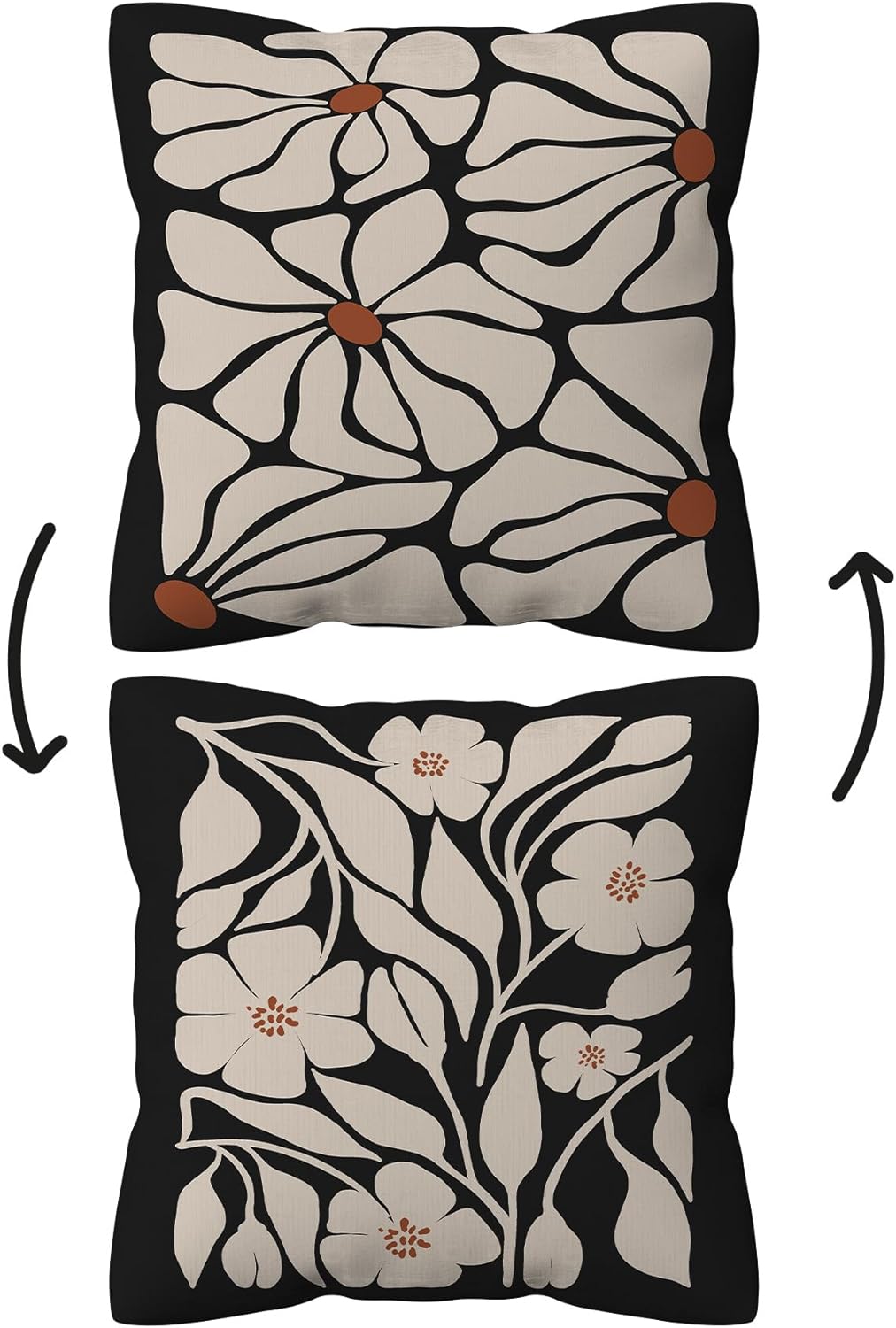 Poecinv Boho Floral Throw Pillow Covers 18x18 - Black & Beige Abstract Plant Print, Hidden Zipper