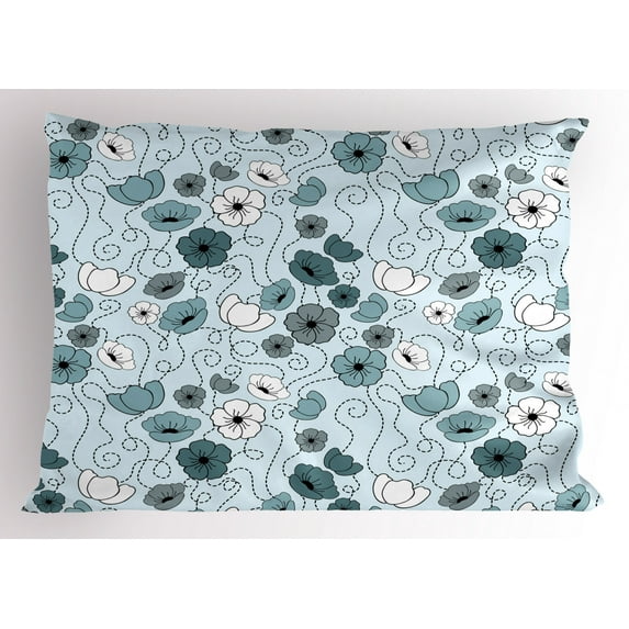 Floral Pillow Sham Doodle Drawing Style Floral Arrangement Botany Spring Summer Season Daisies, Decorative Standard King Size Printed Pillowcase, 36 X 20 Inches, Grey Bluegrey White, by Ambesonne