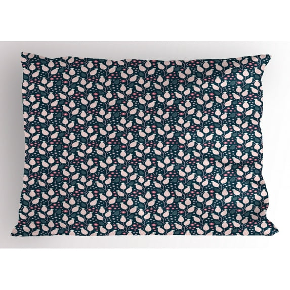 Floral Pillow Sham Hand Drawn Blossoming Spring Flowers Pastel Dots on Dark Background, Decorative Standard Size Printed Pillowcase, 26 X 20 Inches, Dark Blue Pink and White, by Ambesonne