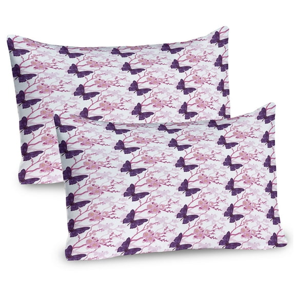 Floral Pillow Sham Set of 2, Delicate Illustration of Flowers and Butterflies, Quality Microfiber Bedding Item for All Seasons, 26" x 20", Purple Pink White, by Ambesonne