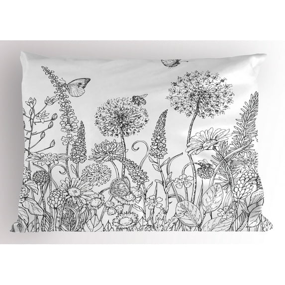 Floral Pillow Sham Sketchy Hand Drawn Style Garden with Various Flowers Leaves and Grass Image, Decorative Standard King Size Printed Pillowcase, 36 X 20 Inches, Charcoal Grey White, by Ambesonne