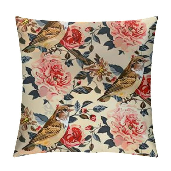 Floral Pillow Sham, Victorian Style Image of Rose Flowers with Leaves and Little Sparrow Birds, Decorative Standard Queen Size Printed Pillowcase Champagne Multicolor