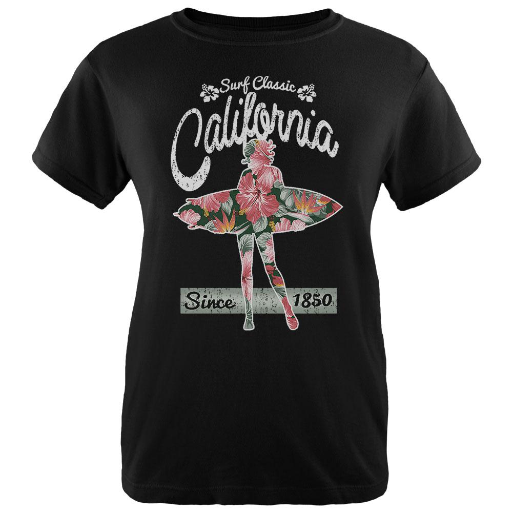 Floral Pineapple Surfer California Surf Classic Womens T Shirt Black X-LG - image 1 of 1