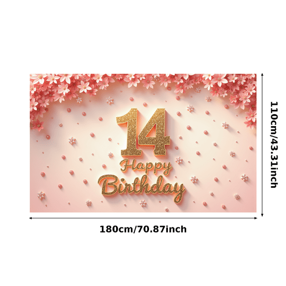 Floral Pink Birthday Banner Happy 14 Birthday Decoration Glitter Letters for Teen Celebration Party Backdrop