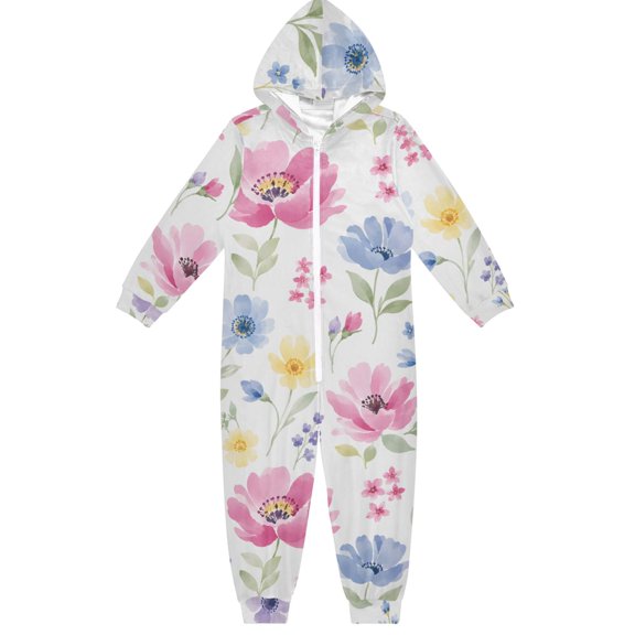 Floral Pink Blue Boys & Girls Hooded One-Piece Pajamas Warm Crystal velvet Hooded Long Sleeve Loungewear Jumpsuit Unisex