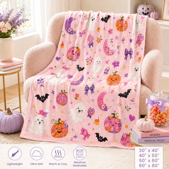 Floral Pink Halloween Blanket with Ghosts, Pumpkins, Crescent Moons, Bats, Flowers and Candy, Whimsical Flannel Throw for Sofa Bed and Fall Accent, 50 x 60 in