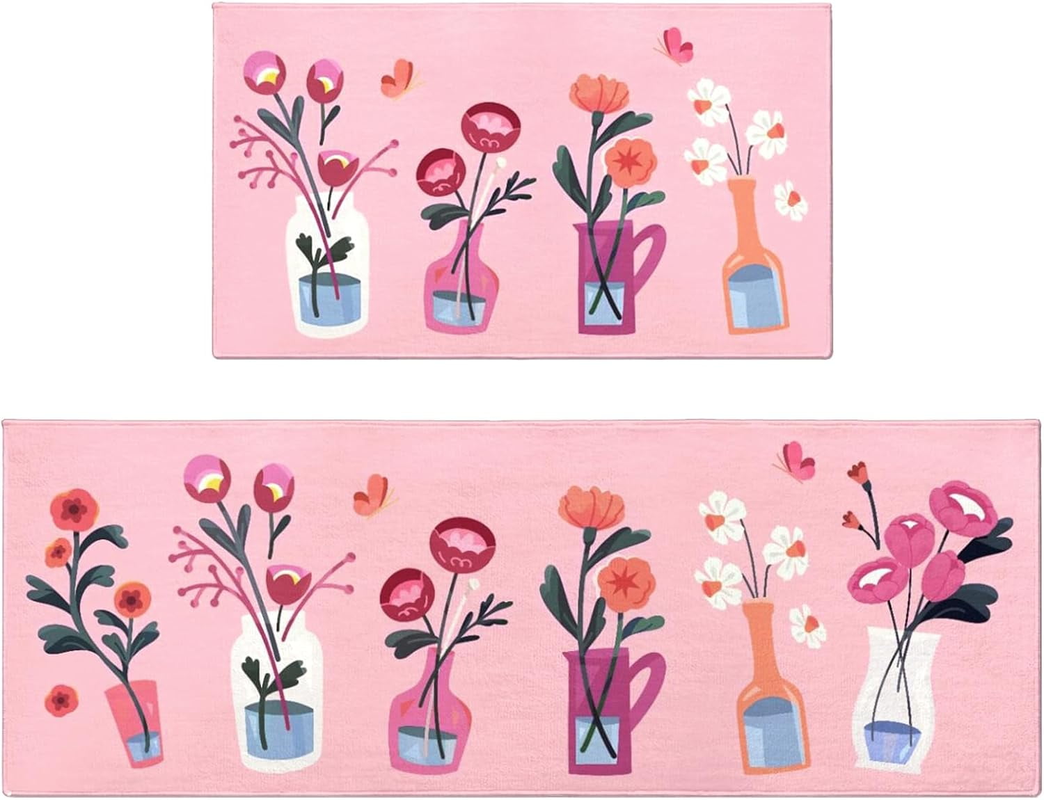 Floral Pink Kitchen Mats for Floor Set of 2, Flower Floor Mat Carpet Runner Area Rug Washable, Pink Home Kitchen Decor and Accessories Stuff, 17x30 and 17x47 Inch