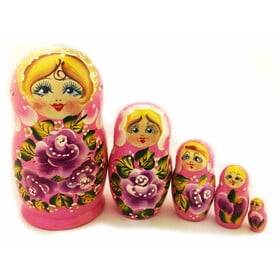 Floral Pink Matryoshka 5 Nested Doll Hand Painted 7 Inch Tall