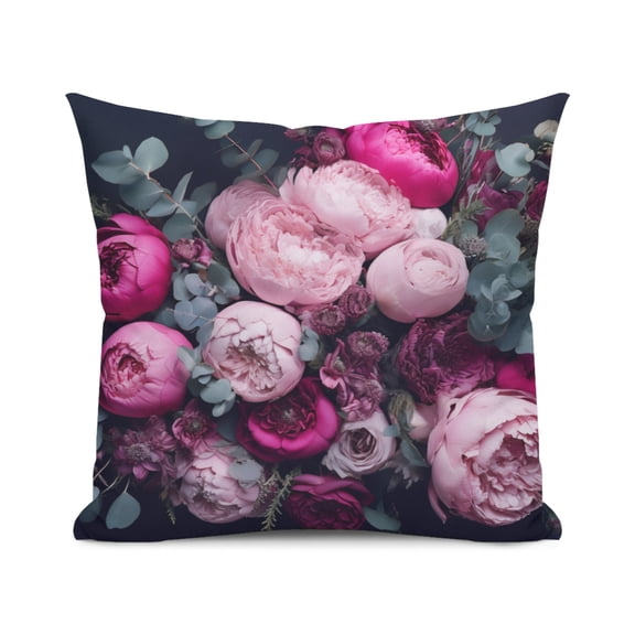 Floral Pink Peonies Roses and Eucalyptus Botanical Design Throw Pillow Cover, 18x18