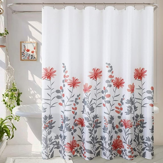 Floral Pink Shower Curtain Sets with 12 Hooks Fabric Shower Curtain for Bathroom Flower White Modern Waffle Weave Shower Curtain Sunflower Bath Curtain Decor Washable Spiced Coral Grey 72x72 Inch