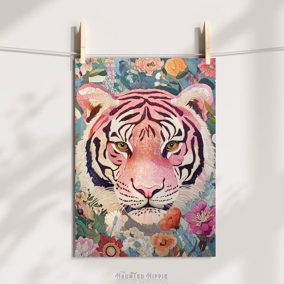 Floral Pink Tiger Poster Botanical Animal Wall Art Nature Home Decor Unframed Paper Print