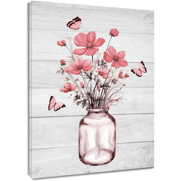 Floral Pink Wall Art for Living Room,Flower and Butterfly in Vase on Rustic Wooden Boards Canvas Wall Art Country Wildflower Framed Wall Art for Bedroom Bathroom Wall Decor,10L X 8W Inches