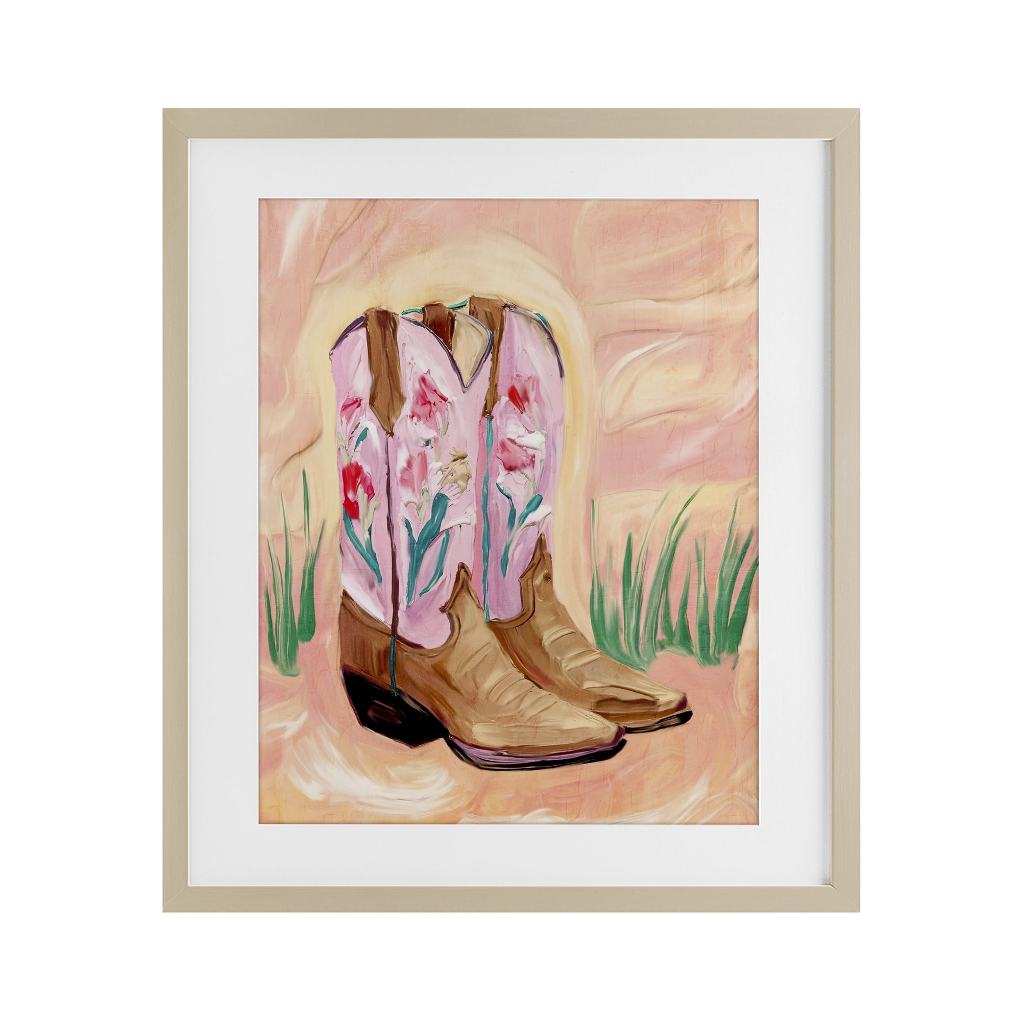 Floral Pinks Boots Birch Framed Print Under Glass, design by Kim Allen