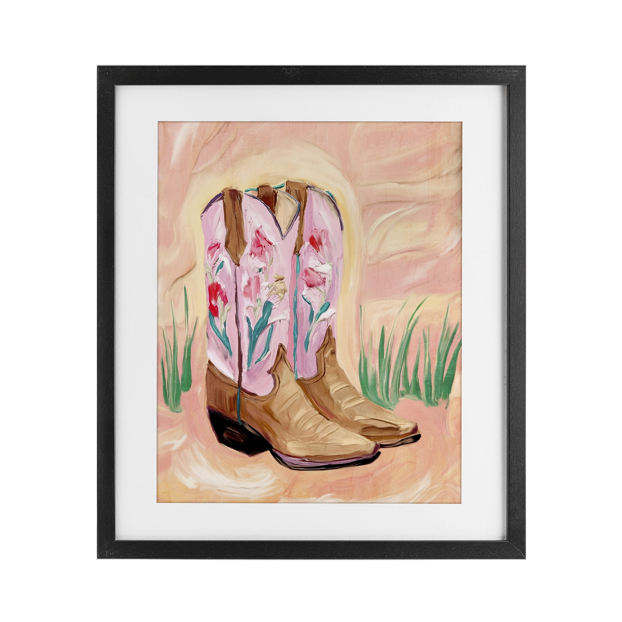 Floral Pinks Boots Black Framed Print Under Glass, design by Kim Allen