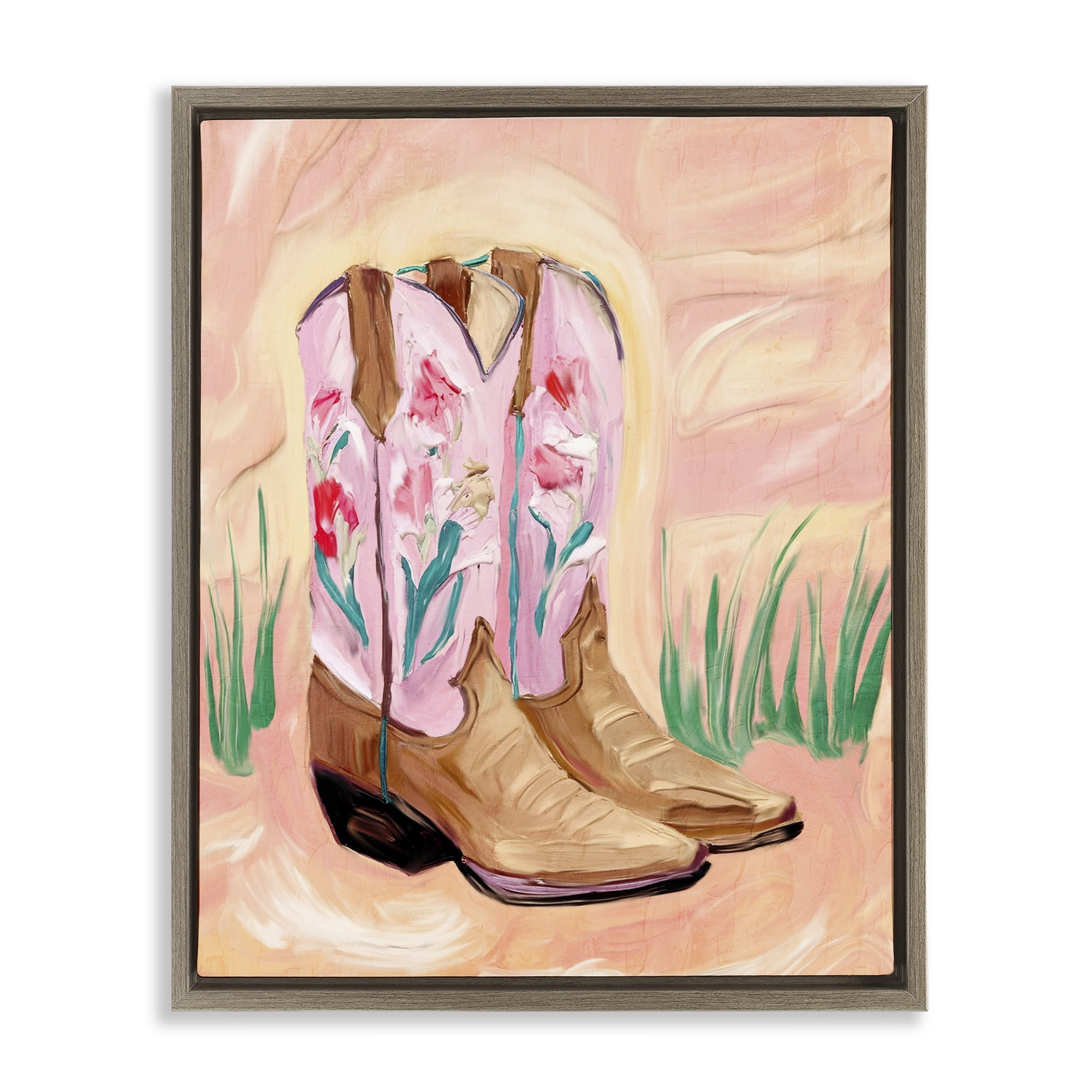 Floral Pinks Boots Brown Framed Floater Canvas Wall Art, design by Kim Allen