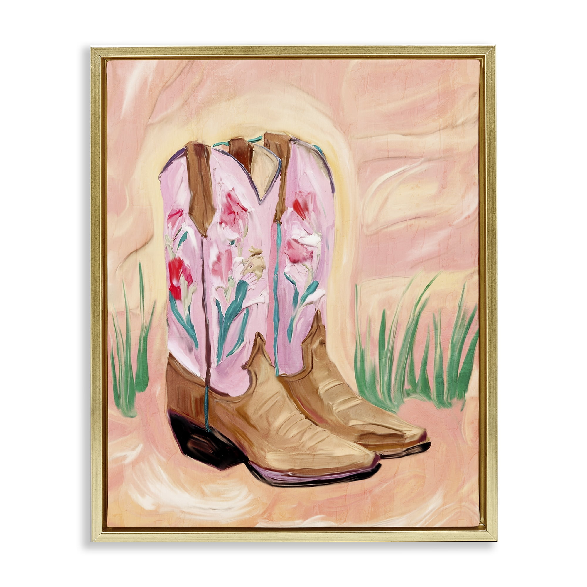 Floral Pinks Boots Gold Framed Floater Canvas Wall Art, design by Kim Allen