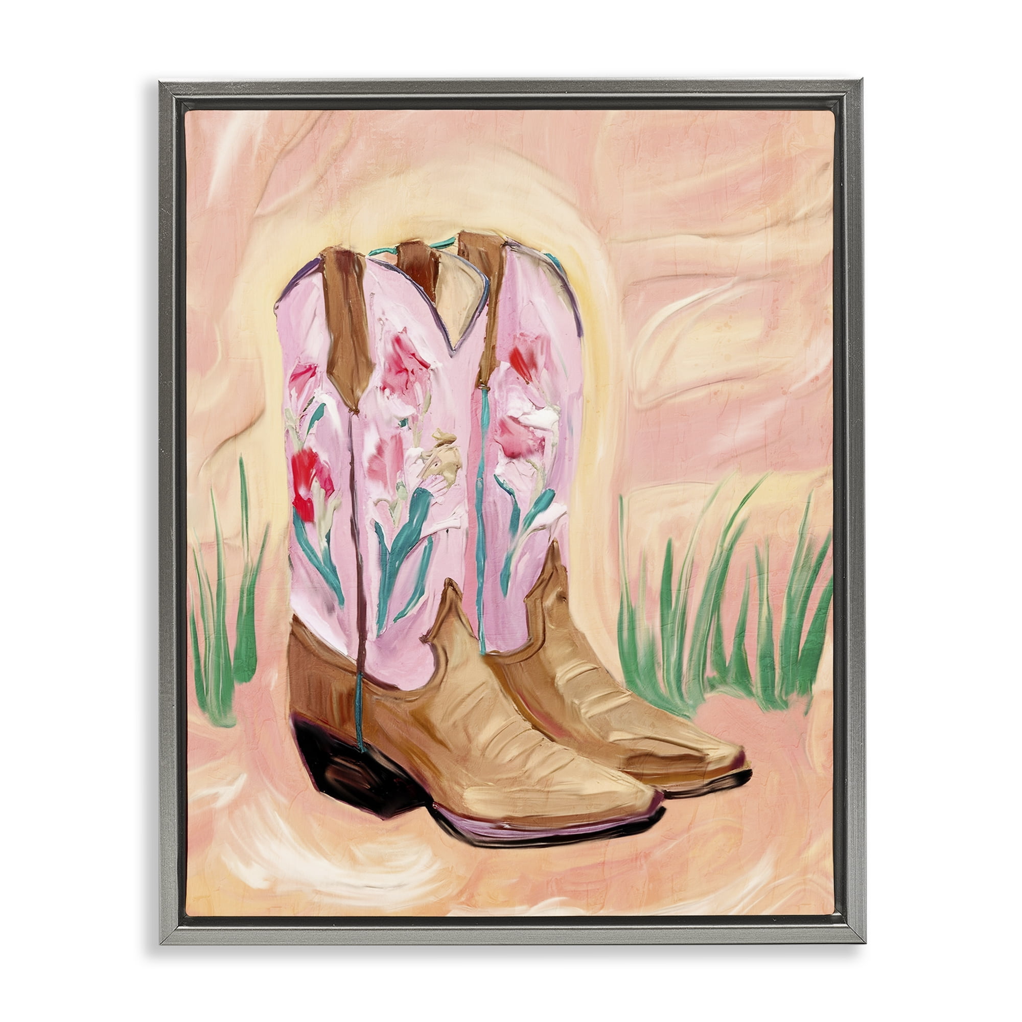 Floral Pinks Boots Gray Framed Floater Canvas Wall Art, design by Kim Allen