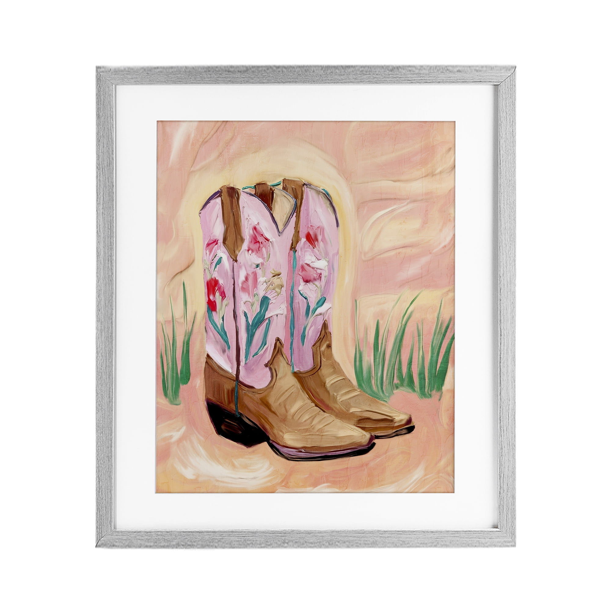 Floral Pinks Boots Gray Framed Print Under Glass, design by Kim Allen
