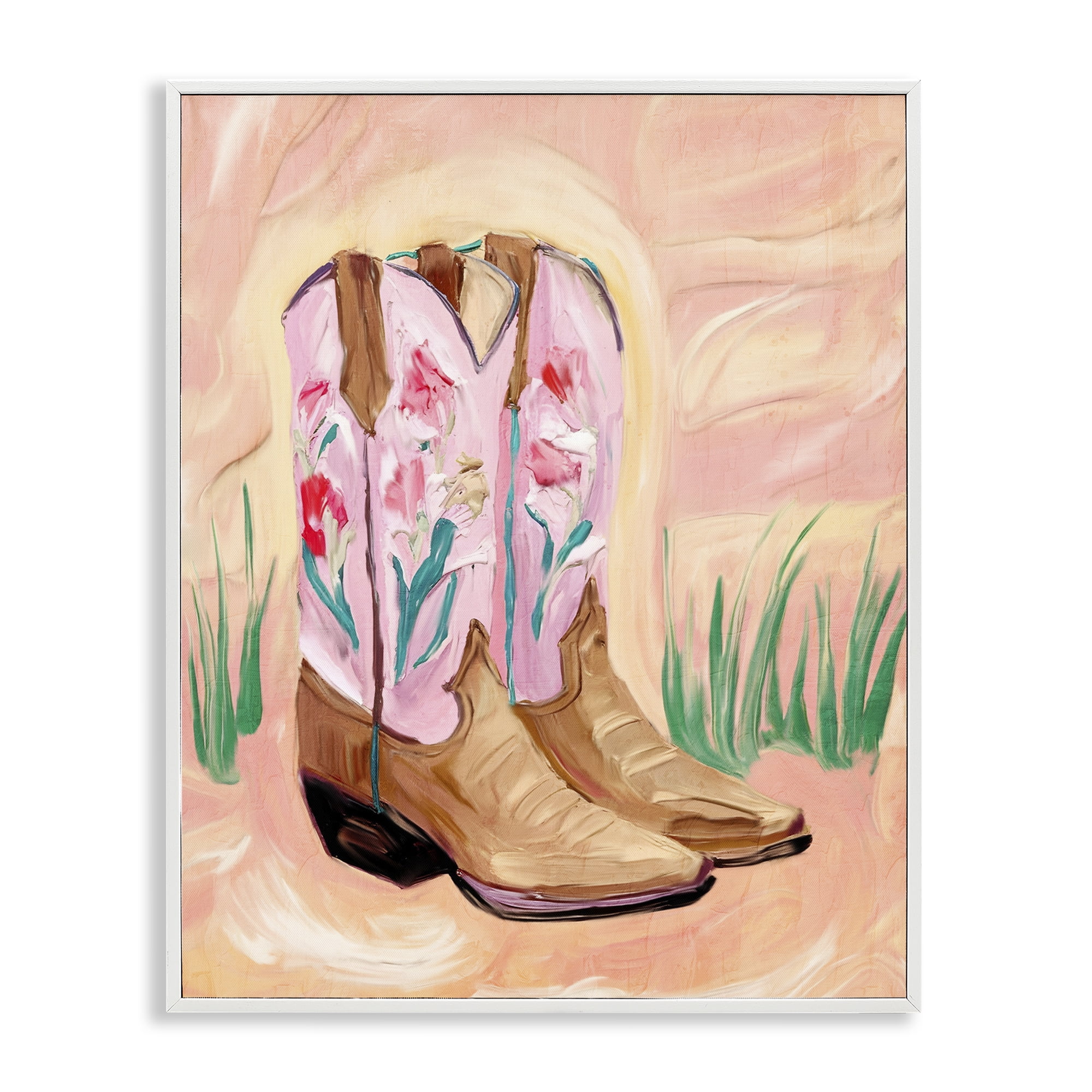 Floral Pinks Boots White Framed Giclee Art, design by Kim Allen