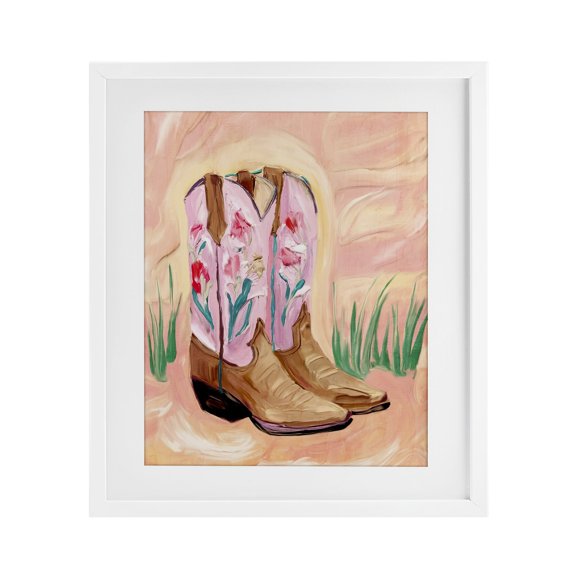 Floral Pinks Boots White Framed Print Under Glass, design by Kim Allen