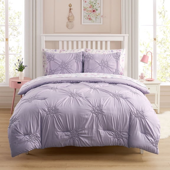 Floral Pintuck Kids Bedding Set Includes Printed Coordinated Sheet Set - Full
