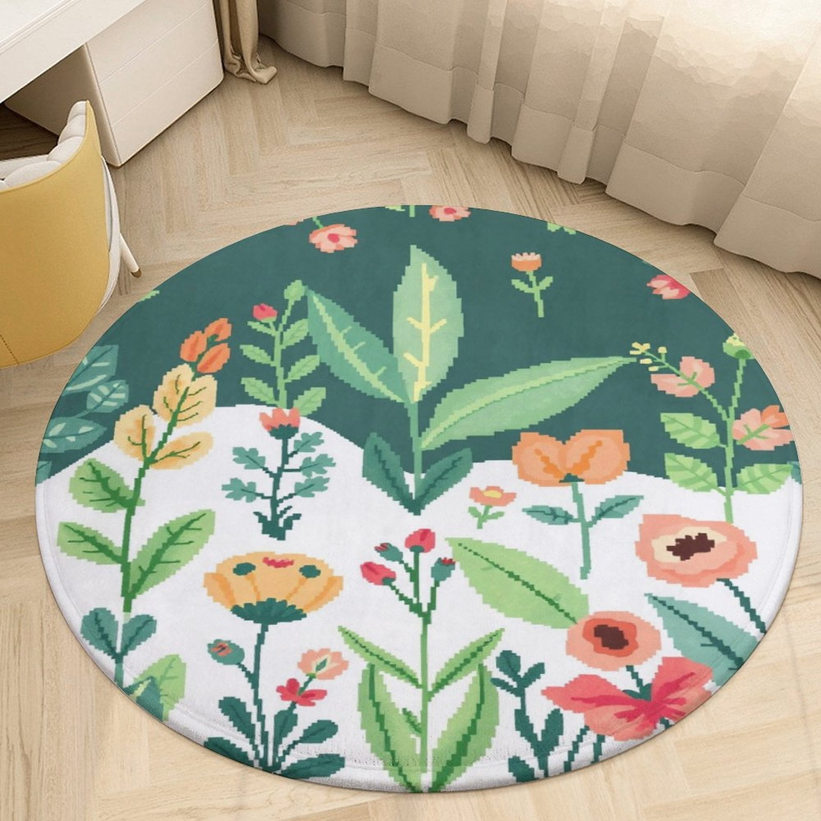 Floral Pixel Art Design Round Rugs Non-slip Area Rug for Living Room ...