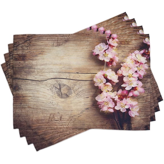 Floral Place Mats Set of 4, Spring Blossom on Wooden Table Romantic Natural Farmhouse Countryside Style Print, Washable Fabric Placemats for Dining Table, Standard Size, Brown Pink