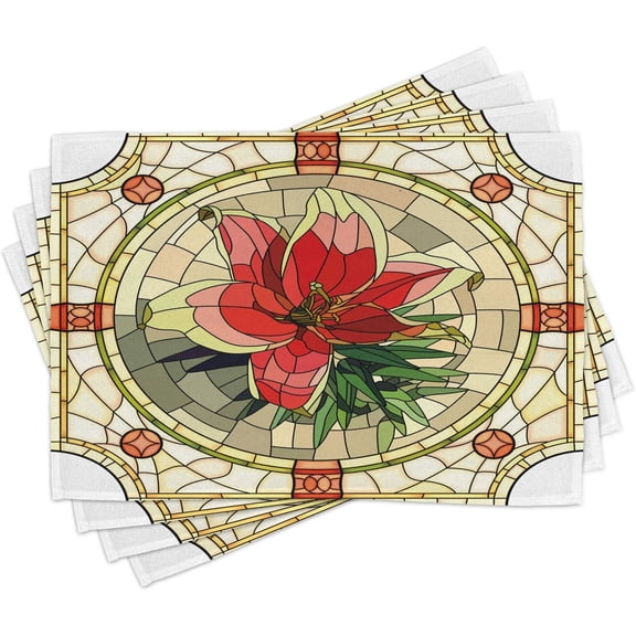 Floral Place Mats Set of 4, Vector Antique Glass Image Flower Lily Like Design with Leaves and Buds Artwork, Washable Fabric Placemats for Dining Room Kitchen Table Decor, Multicolor