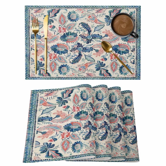 Floral Placemats Set of 1, Ethnic Flower Paisley Feather Aqua Linen Texture Non-Slip Place Mats Washable Table Mats for Kitchen Dining Table Decorations Indoor/Outdoor