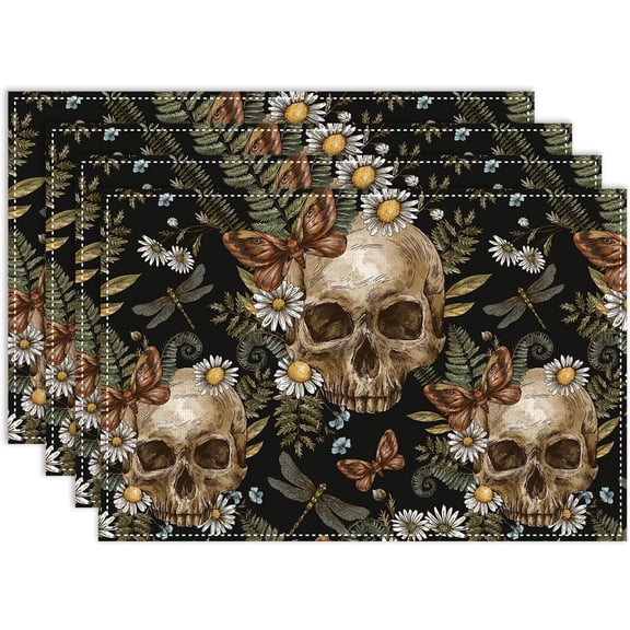 Floral Placemats Set of 4, 12x18 Inch Dark Skull Daisy Blossom Moth Vintage Retro Seasonal Heat Resistant Table Mats for Dining Kitchen Party Holiday Decor