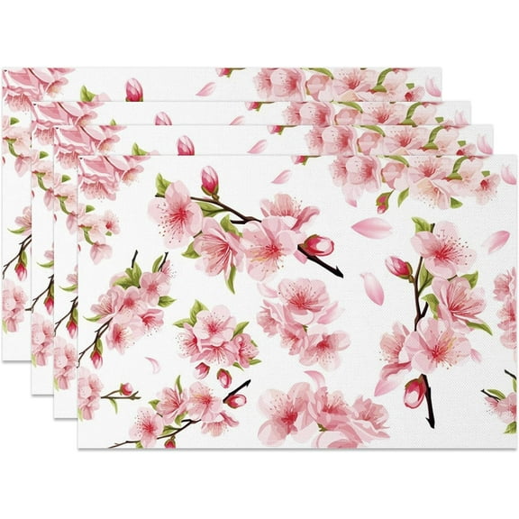 Floral Placemats Set of 4 Spring Pink Flower Blue Butterfly Bird Printed Place Mats Washable Rectangular Table Mats for Party Home Kitchen Restaurant Dining Table Decor 12x18 Inch