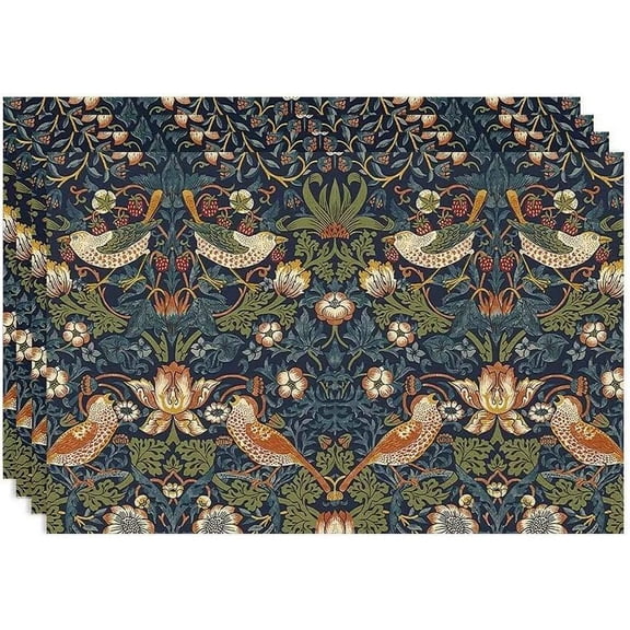 Floral Placemats Set of 4, Vintage Flower Strawberry Birds Green Place Mats, Heat Resistant Non Slip Cotton Linen Dining Table Mats for Home Kitchen Party 18x12 Inch