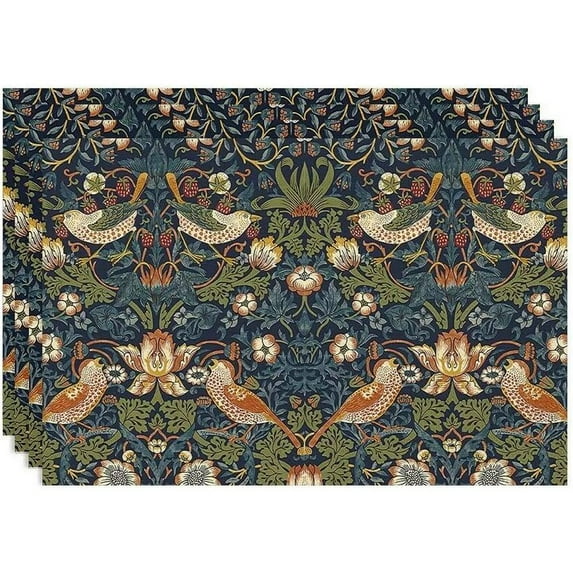 Floral Placemats Set of 4, Vintage Flower Strawberry Birds Green Place Mats, Heat Resistant Non Slip Cotton Linen Dining Table Mats for Home Kitchen Party 18x12 Inch