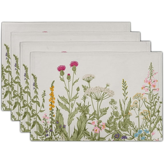 Floral Placemats Set of 4 Washable Non-Slip Heat Resistant 12×18 Inch Spring Summer Wild Flowers Thick Place Mats Decorative Linen Fabric Table Mat for Dining Table Kitchen Home Decor