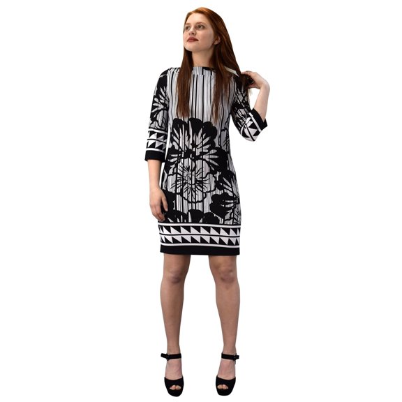 Floral Placement Border Three Quarter Sleeve Shift Dress-Missy