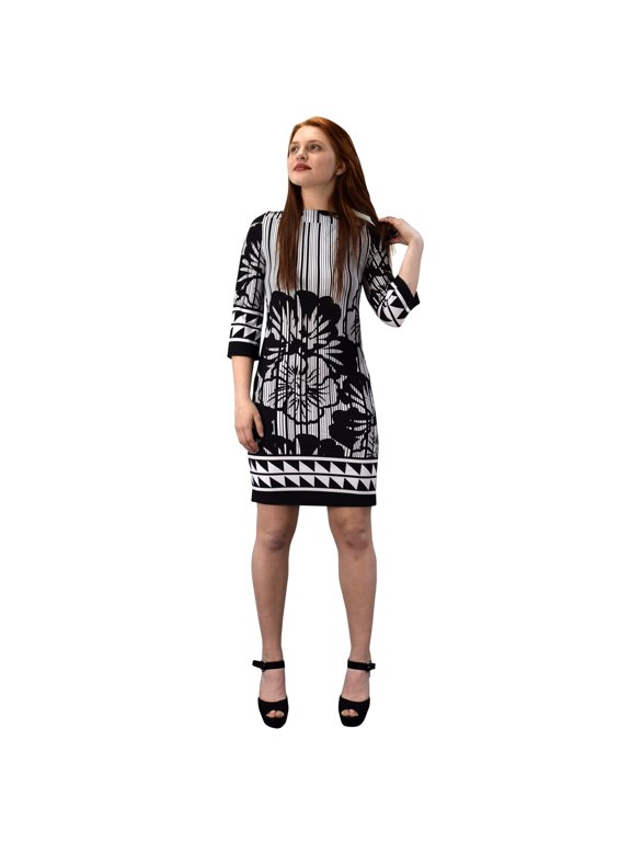 Floral Placement Border Three Quarter Sleeve Shift Dress-Missy