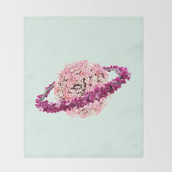 Floral Planet with Blossom Orbit Ring Mint Green and Pink Fleece Blanket, Polyester Fleece Fabric, 280 GSM, Celestial Style