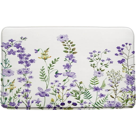 Floral Plant Bath Mat Purple Flower Boho Wildflower Watercolor Sage Green Leaf Botanical Herbs Nature Bathroom Kitchen Rugs,16x24 Inch