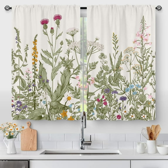 Floral Plant Kitchen Curtains, Farmhouse Rustic Spring Botanical Wildflower Flowers Small Short Cafe Window Curtain Over Sink Bathroom Dining Room Decor Rod Pocket Window Drapes 2 Panels 36"x28"